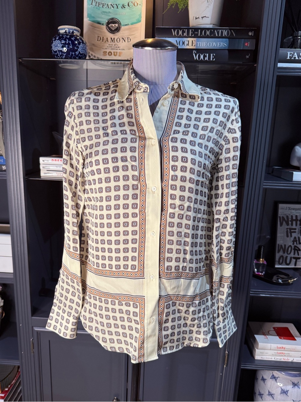 J.Crew Jules Classic Fit Printed Satin Shirt – Cream & Brown – Size 0
